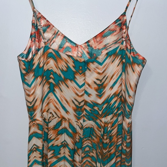 Parker Women’s 100% Silk Maxi Dress Sz XS Beautiful Aztec Tan turquoise Desert - Picture 3 of 8